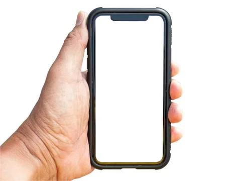 Isolate an old smartphone with a protective case held in the right hand of a  Foto stock