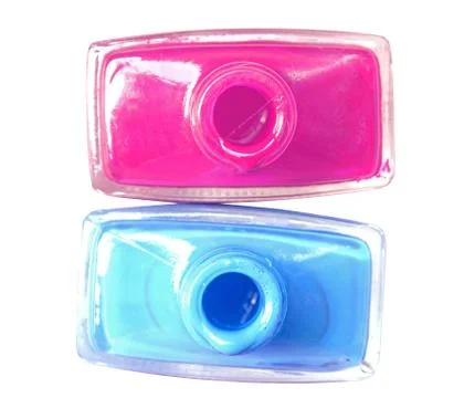 Isolate of open bottles with colored nail polish top view (clipping path) Stock-Fotos