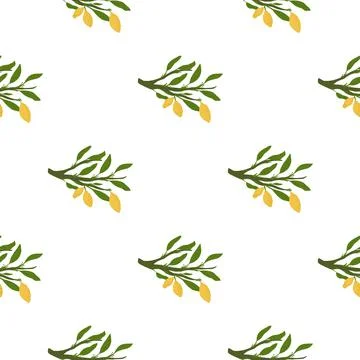 Isolate seamless food pattern with cartoon doodle green leaves and yellow lem Stock Illustration