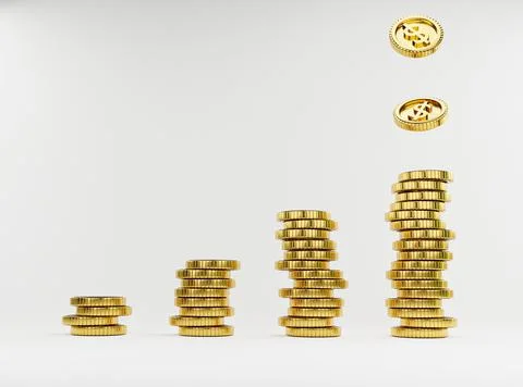 Isolate US dollar coins dropping to golden coins stacking on white background Stock Illustration