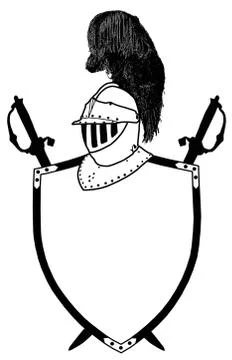 Isolated 16th century war shield swords and plumaged helmet Illustrazione stock