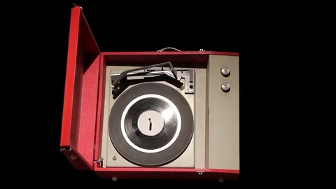 Isolated 1960's record player in red box Stock Footage 72548968