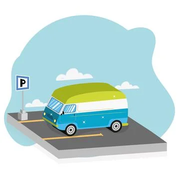 Isolated 3d colored van vehicle on a parking slot Vector Stock Illustration
