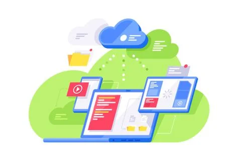 Isolated 3d isometric information processing with cellphone, laptop and computer Illustrazione stock