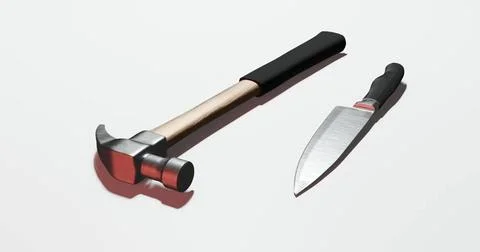 Isolated 3d render of claw hammer and home knife for domestic violence or ... Stock Photos