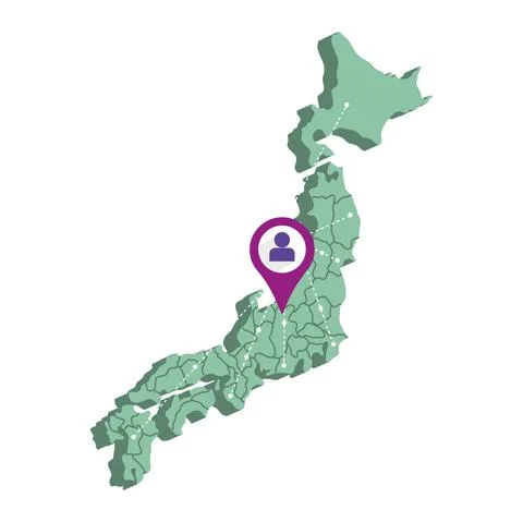 Isolated 3d render map of Japan with a map pin Vector Illustrazione stock