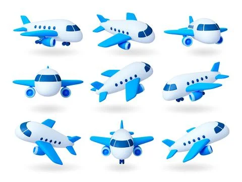 Isolated 3d render planes. Cartoon aircrafts, air travel and transportation Stock Illustration