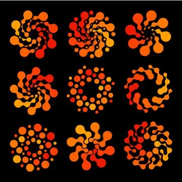 Isolated abstract round shape orange color swirl logo set, dotted stylized sun Stock Illustration