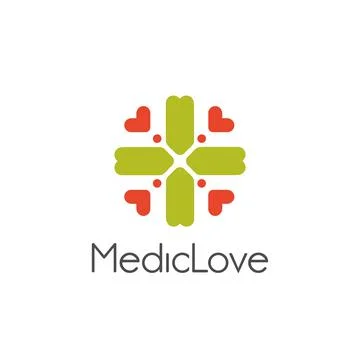 Isolated abstract vector logo. Stylized green color cross with pink hearts Stock Illustration