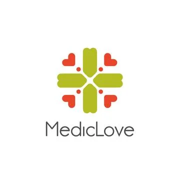 Isolated abstract vector logo. Stylized green color cross with pink hearts Stock Illustration