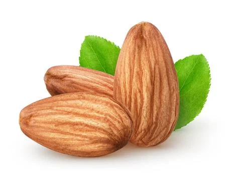 Isolated almonds. Closeup of three almonds with leaves isolated on white Stock Photos