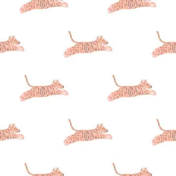 Isolated animal seamless pattern with orange pastel jumping tiger silhouettes Stock Illustration