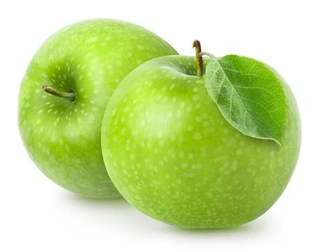 Isolated apple. Two green apple fruit isolated on white background, with Stock Photos