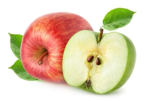 Isolated apples. Red apple fruit with green half isolated on white background Stock Photos