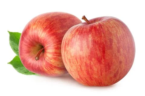 Isolated apples. Two red apple fruit with leaves isolated on white background Stock Photos