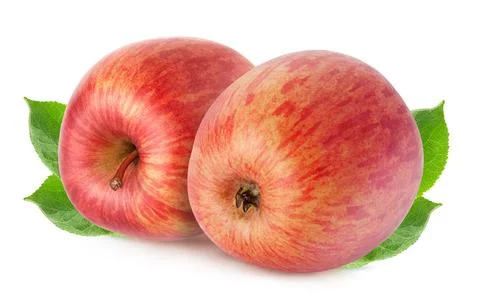 Isolated apples. Two red apple fruit with leaves isolated on white background Stock Photos