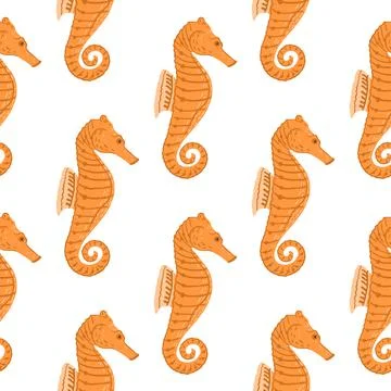 Isolated aquatic seamless pattern with bright orange sea horse ornament. Whit Stock Illustration