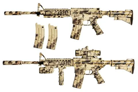Isolated AR-15 desert camouflaged rifle. Stock Photos
