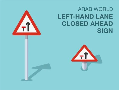 Isolated Arab world "left-hand lane closed ahead" road sign. Front and top view. Stock Illustration