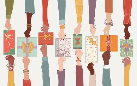Isolated arms of multicultural men and women people exchanging gift boxes Stock Illustration