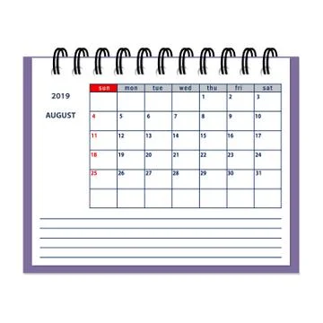 Isolated August page 2019 planner calendar Stock Illustration