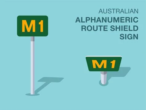 Isolated Australian "alphanumeric route shield" road sign. Front and top view. Stock Illustration