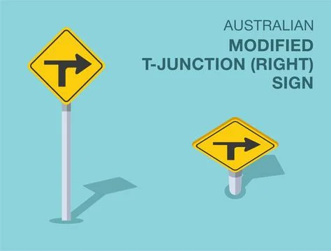 Isolated Australian "modified T-junction to the right" road sign. Front and top Stock Illustration