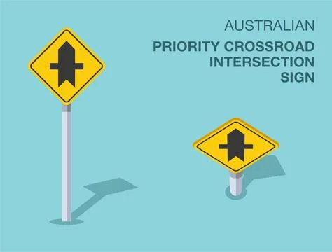 Isolated Australian "priority crossroad intersection" road sign. Front and top. Illustrazione stock