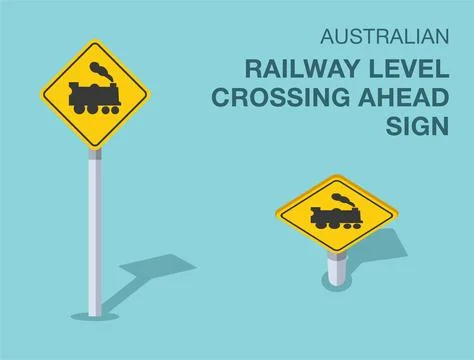 Isolated australian railway level crossing ahead sign. Front and top view. イラスト素材