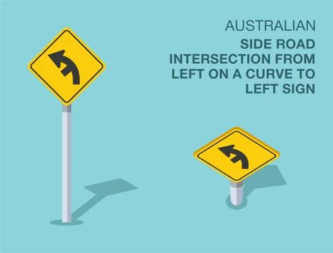 Isolated Australian "side road intersection from left on a curve to left" sign. Stock Illustration
