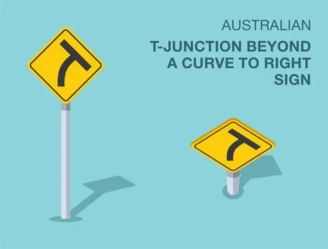 Isolated Australian "T-junction beyond a curve to right" road sign. Stock Illustration