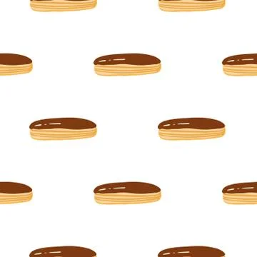 Isolated bakery seamless pattern with eclair doodle silhouettes. Orange ornam Illustrazione stock