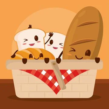 Isolated basket with cute bread bakery product characters Vector Stock Illustration