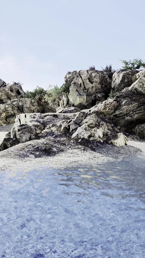Isolated bay featuring small cottage and tranquil pebble shoreline Stock Footage 326352016