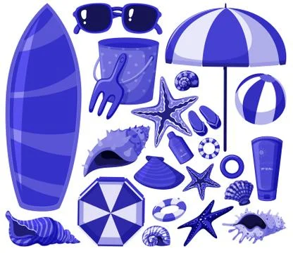 Isolated beach items set in blue color Stock Illustration