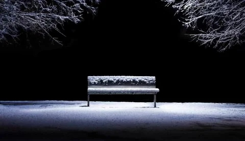 Isolated bench in a park after a snowfall Stock Photos