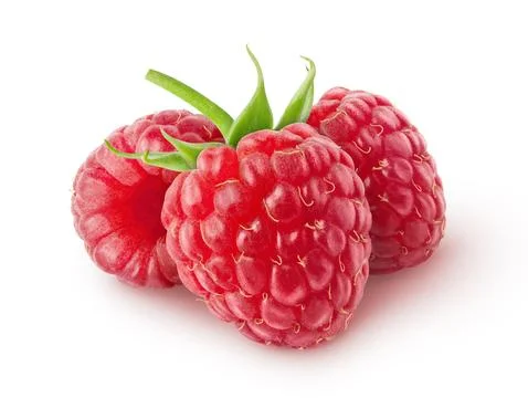 Isolated berries. Three raspberry fruits isolated on white background with Stock Photos