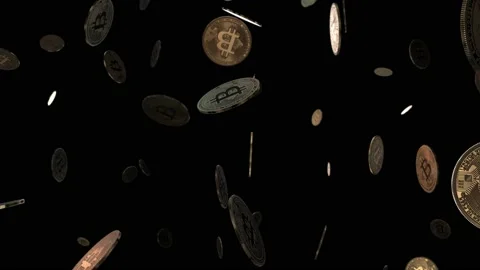 Isolated Bitcoins cryptocurrencies falling on a black background Stock Footage 165285331