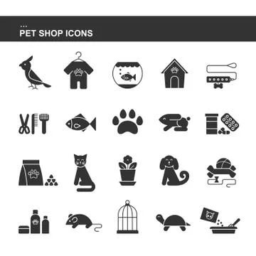 Isolated black collection icons of dog, cat, parrot, fish, aquarium, animal f Stock Illustration