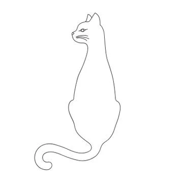 Isolated black outline back of cat with turned head on white background. Curv Stock Illustration