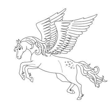 Isolated black outline galloping, jumping pegasus on white background. Side view Stock Illustration