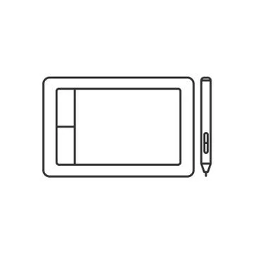 Isolated black outline graphic tablet with stylus on white background. Line i Stock Illustration