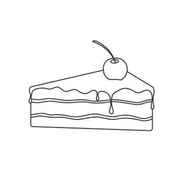Isolated black outline pie of sponge cake with chocolate and cherry on white  Stock Illustration
