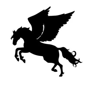 Isolated black silhouette galloping, jumping pegasus on white background. Side Stock Illustration