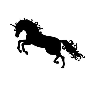 Isolated black silhouette of galloping, jumping unicorn on white background.  Stock Illustration