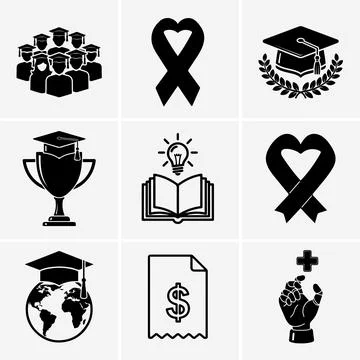 Isolated black vector icons showcase an educated group, awareness ribbon, gra Stock Illustration