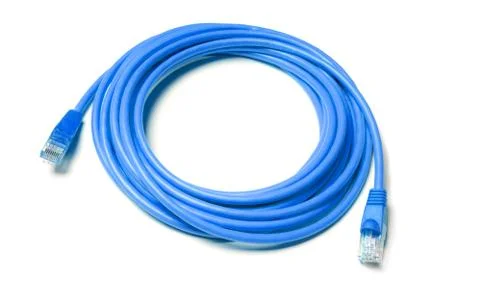 Isolated blue patch cord internet cable on white background Stock Photos