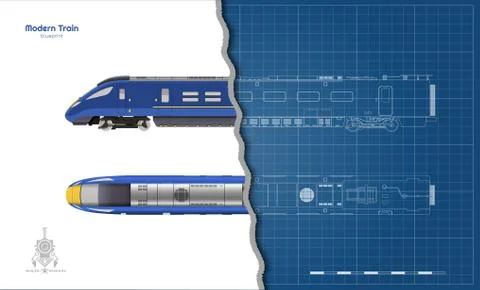 Isolated blueprint of modern train. Side, top views. Realistic 3d locomotive Stock Illustration