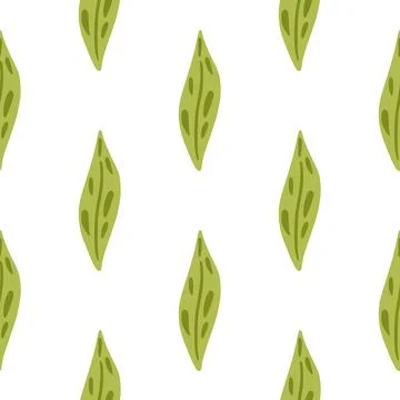 Isolated botanic seamless pattern with simple doodle green leaf ornament. Whi Illustrazione stock