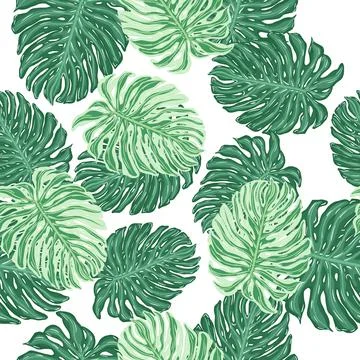 Isolated botany seamless pattern with green random monstera lead shapes. Whit Illustrazione stock